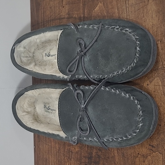 My Pillow My Slipper Grey Suede Faux Fur Lined Comfort Moccasin Slipper Men's 10 - Picture 7 of 11